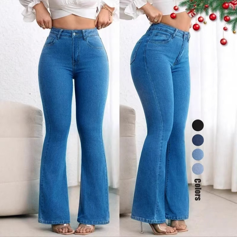 European and American Cross-Border New Style Elastic Slim-Fit Solid Color Women's Flared Jeans, Butt-Lifting High-Waisted Flared Pants, Foreign Trade Wholesale