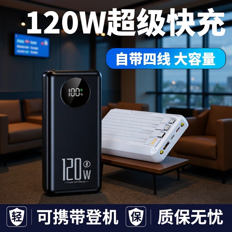 Business Gift Super Fast Charging Power Bank 20000 Mah Large Capacity Mobile Phone Outdoor Mobile Power Supply with Built-In Cable