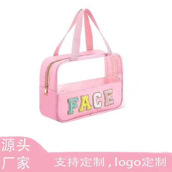 Transfronterizo nuevas letras bordadas de gran capacidad portátil transparente Bolsa de cosméticos para mujeres bolsa de almacenamiento de bolsa de lavado de viaje multifuncional