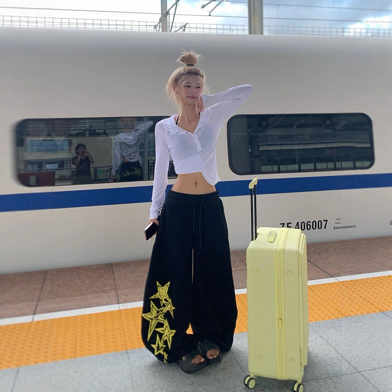 American-Style Star Print Drawstring Curved Blade Sweatpants for Women, Autumn New Loose Versatile Casual Wide-Leg Floor-Length Pants Trendy American-Style Star Print Drawstring Curved Blade Sweatpants for Women, Autumn New Loose Versatile Casual Wide-Leg Floor-Length Pants Trendy