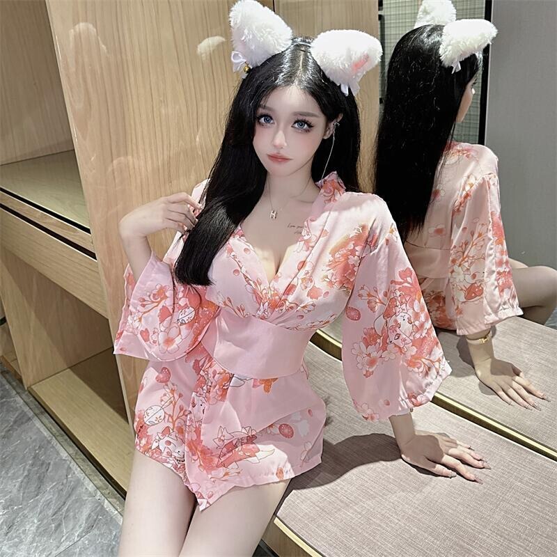 French-Style Low-Cut Sexy Floral Bowknot Bell-Sleeve Slim-Fit Kimono Pajamas One-Piece Loungewear Bathrobe
