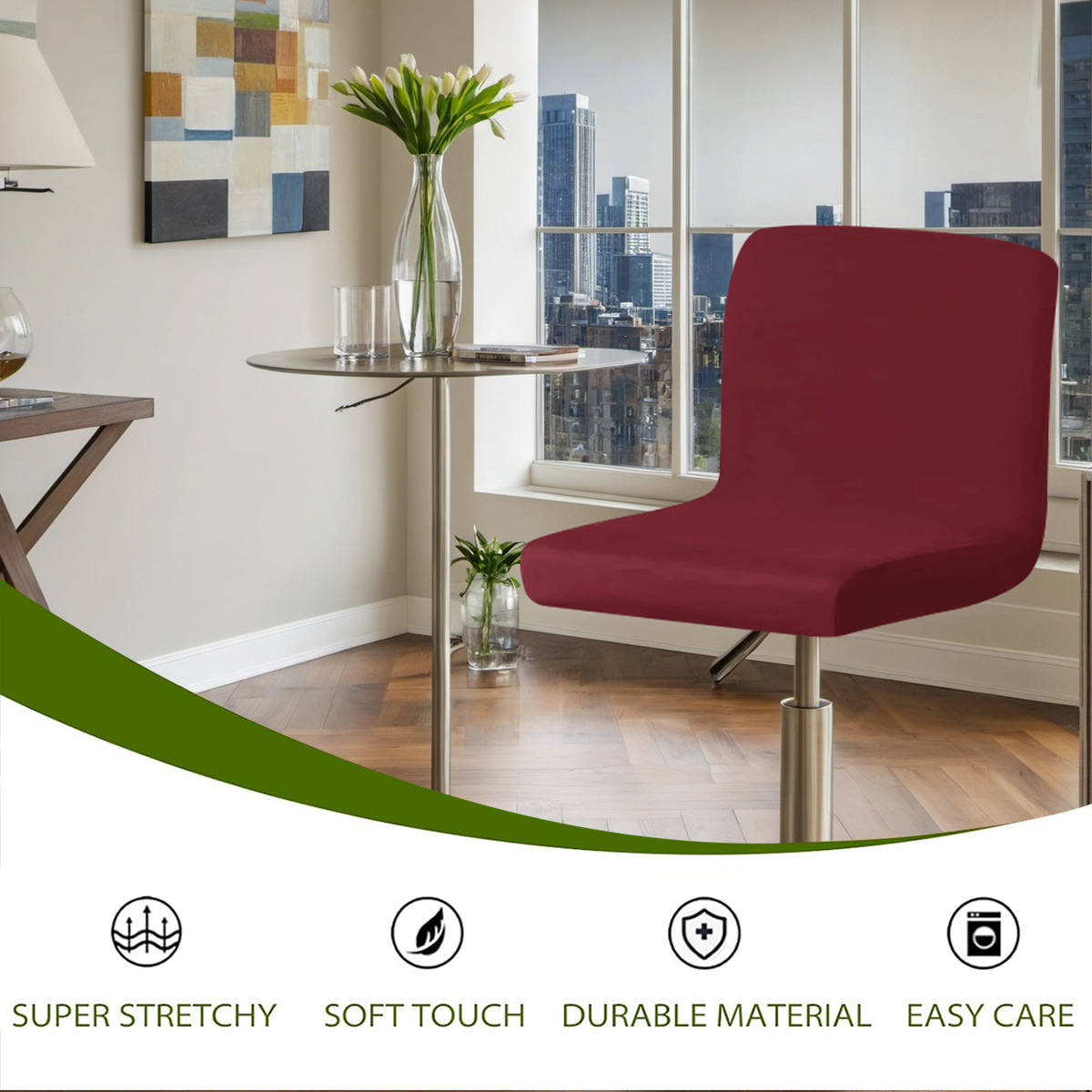 TEMU transfronterizo color sólido elástico 75D seda de leche impermeable cubierta de silla baja baja cubierta de silla giratoria de pies altos universal