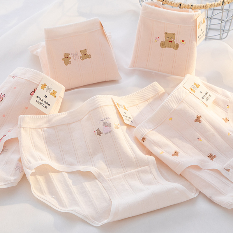 Class A Baby Cotton Underwear Female 7A Antibacterial Crotch Breathable Bear Printed Mid-Waist Hip Girl Student Briefs