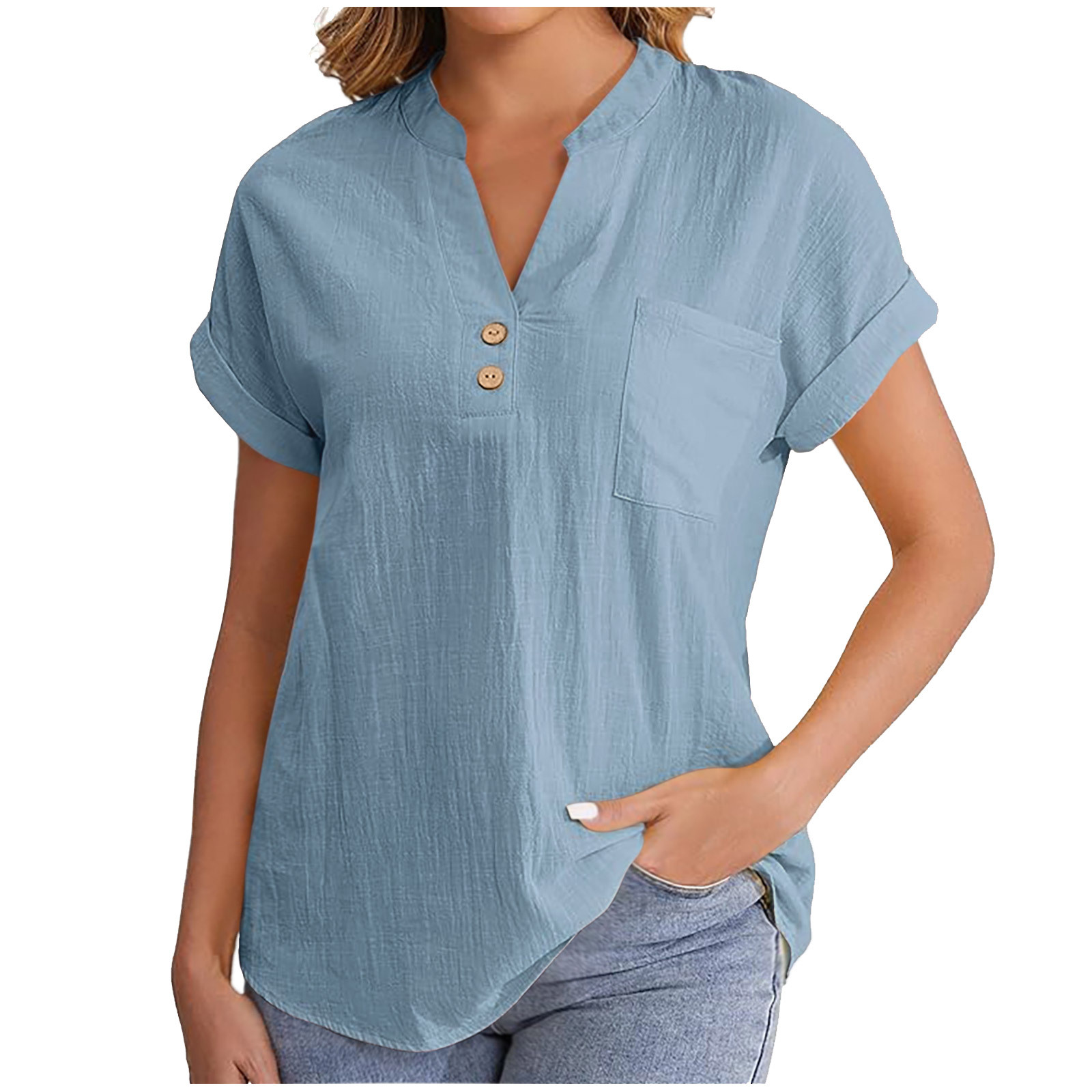 2025 European American Summer Solid Color Buttoned Short-sleeve Women's Shirt, Cotton-linen, Washed, Wrinkled,_ecoleips.com