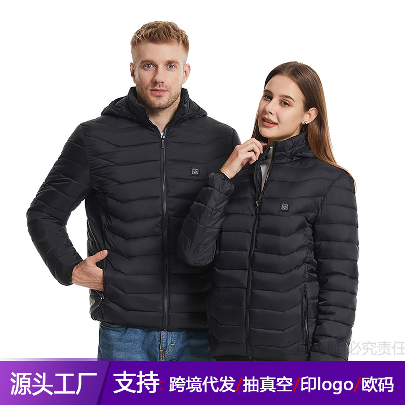 Cross-border hooded single control zone 9 heating cotton-padded clothes intelligent heating outdoor cotton-padded jacket cold-proof warm electric jacket waterproof