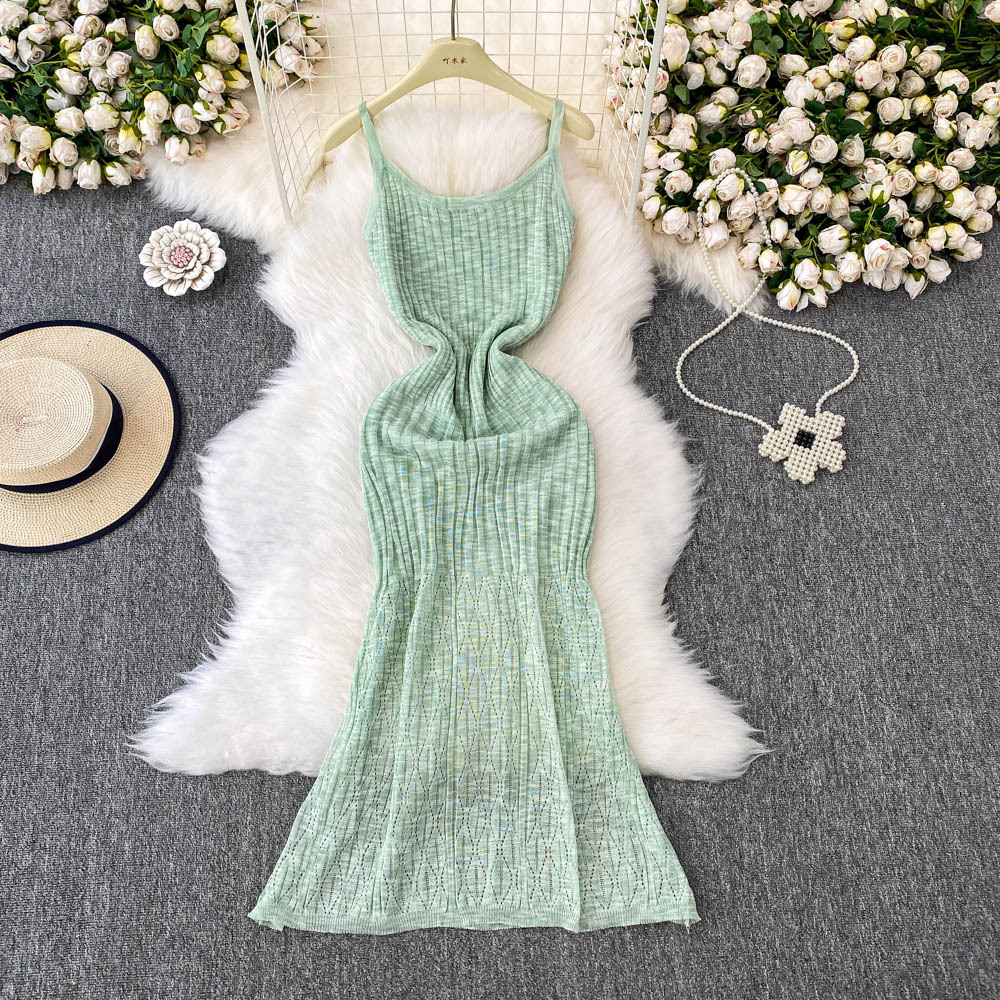 夏季新款韩版女人味紧身弹力显瘦镂空吊带裙中长款针织包臀连衣裙