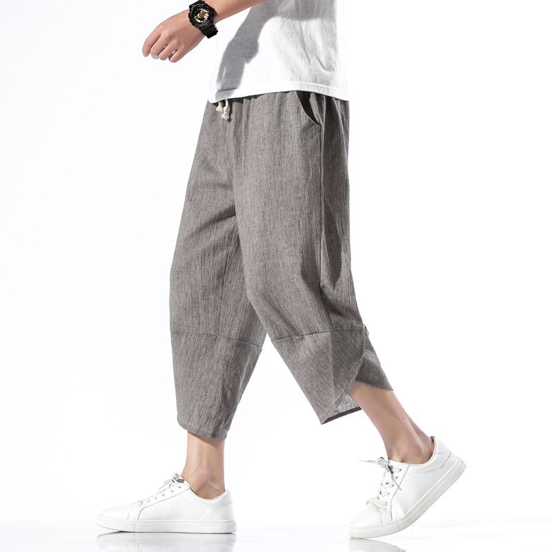 2025 Summer New Men's Cotton and Linen Casual Pants Loose plus size Capri Pants Beach Pants Wide-leg Bloomers for Men