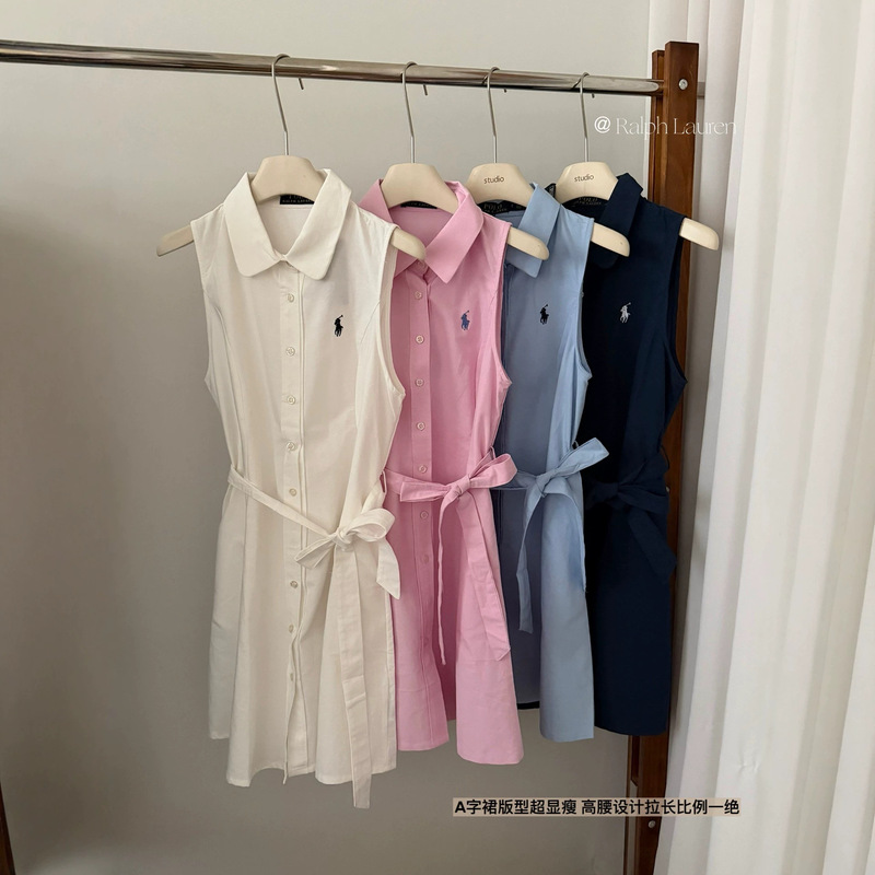 In-Stock 26 Original Labels with Qr Code, Rl Ralph Lauren Long Sleeveless Dress with Pony Logo, Polo Collar Women's Dress