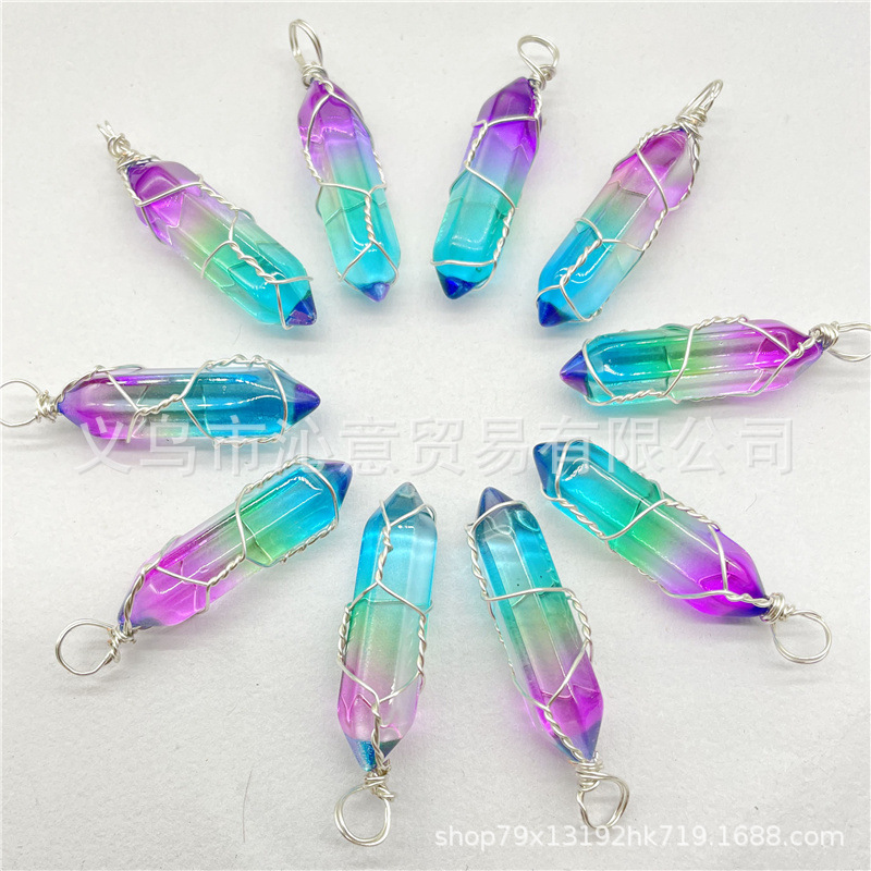 Comercio exterior caliente bobina hexagonal columna colgante collar de cristal natural hecho a mano de plata hilo bala joyería al por mayor