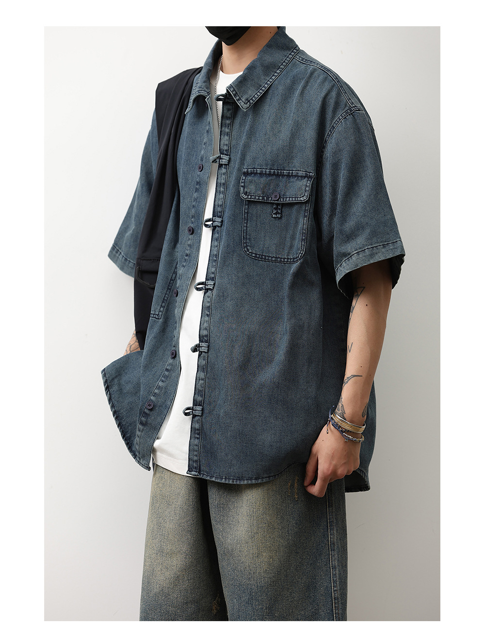 1 Denim Short Sleeve Summer New Chinese Niche Design Button Dark Blue Shirt Men's National Style Jacket Trendy_voghion.com