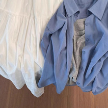 纯棉蓝色衬衫女春秋新款小清新宽松休闲百搭显瘦通勤衬衣外套上衣