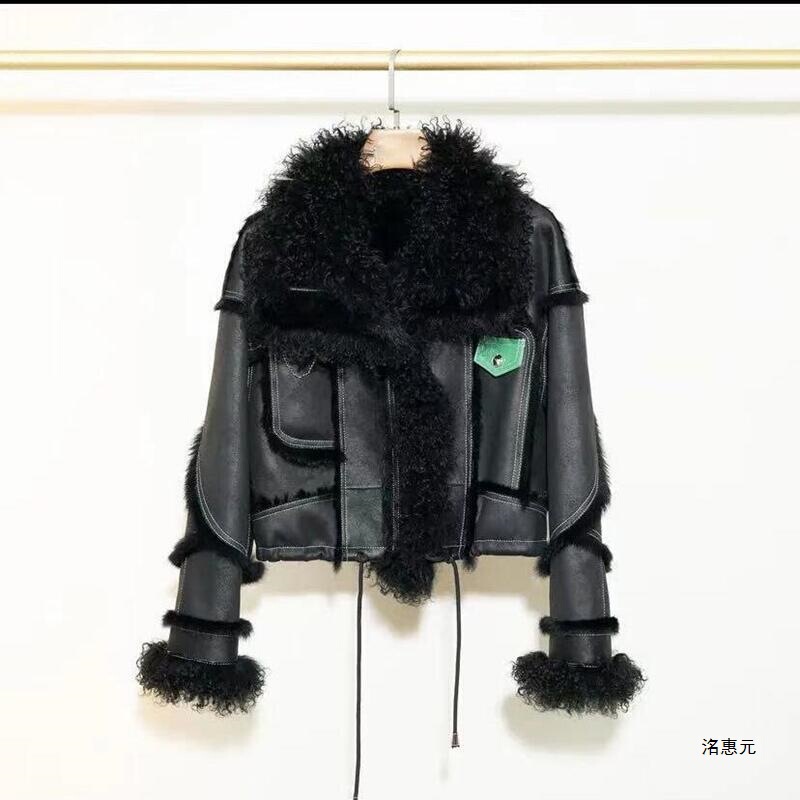 Minghuiyuan Haining Fur All-In-One Versatile Short Lamb Fur Collar Jacket Deerskin Velvet Motorcycle Jacket 30 Fur