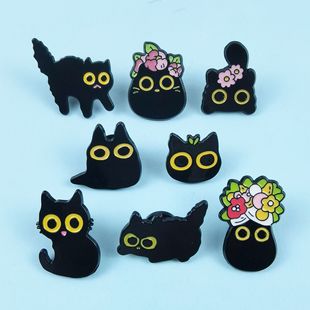 Creative Cartoon Black Cat Personalized Brooch Cute Big Eyes Flower Cat Alloy Badge Pin Buckle Ready Stock