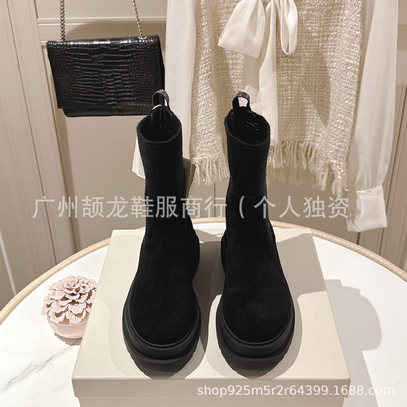 高版2025新款麂皮圆头复古粗跟厚底显瘦针织弹力套筒短靴马丁靴女|undefined