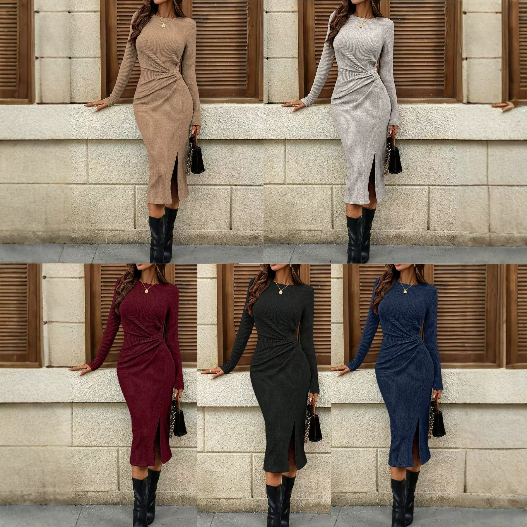 外贸女装秋冬新款圆领长袖扭结开叉纯色气质优雅连衣裙修身