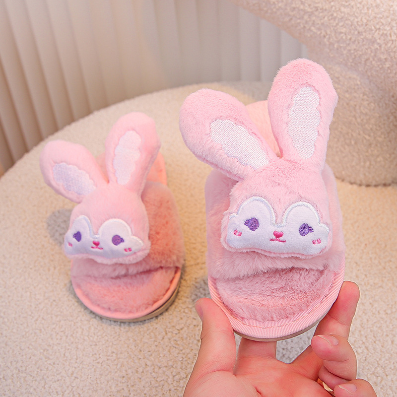 Autumn and winter parent-child plush slippers indoor soft bottom non-slip flat heel fluffy cute slippers cartoon