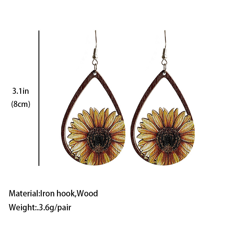 1 Pair Retro Cactus Sunflower Water Droplets Wood Hollow Out Women's Drop Earrings display picture 1