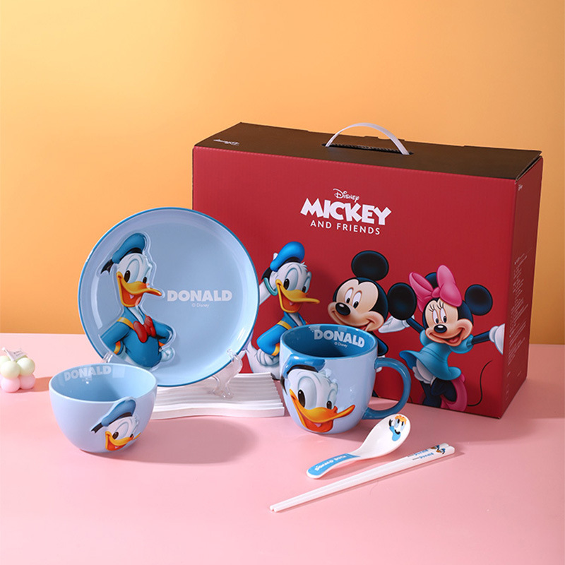 Disney Genuine Mickey Cartoon Tableware Set Embossed Ceramic Bowls, Plates, Cups, Spoons, Chopsticks Gift Box Wholesale