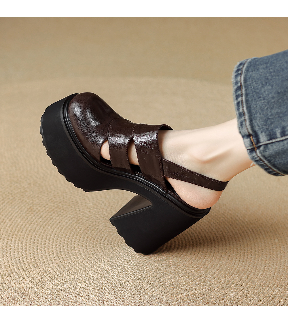 Sandal cao gót nữ đế dày quai ngang bọc da, gót 9 cm — màu nâu, màu đen chi tiết 11