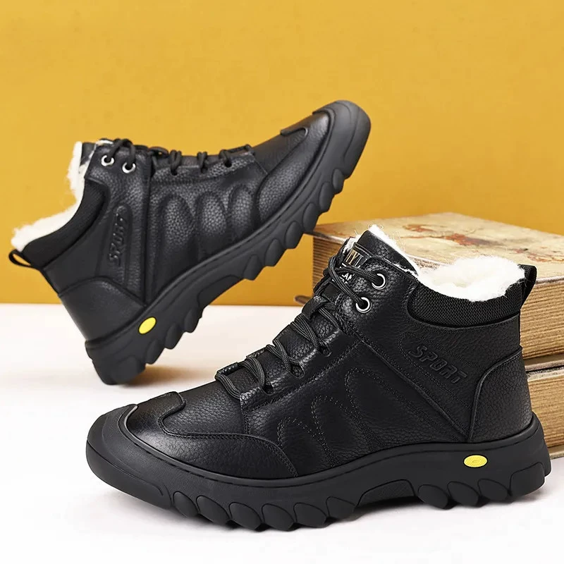 Листья головы кожаные мужские туфли новые зимние высокие багги плюс бархатные хлопчатобумажные туфли мужские кожаные мягкие кожаные повседневные хлопчатобумажные туфли