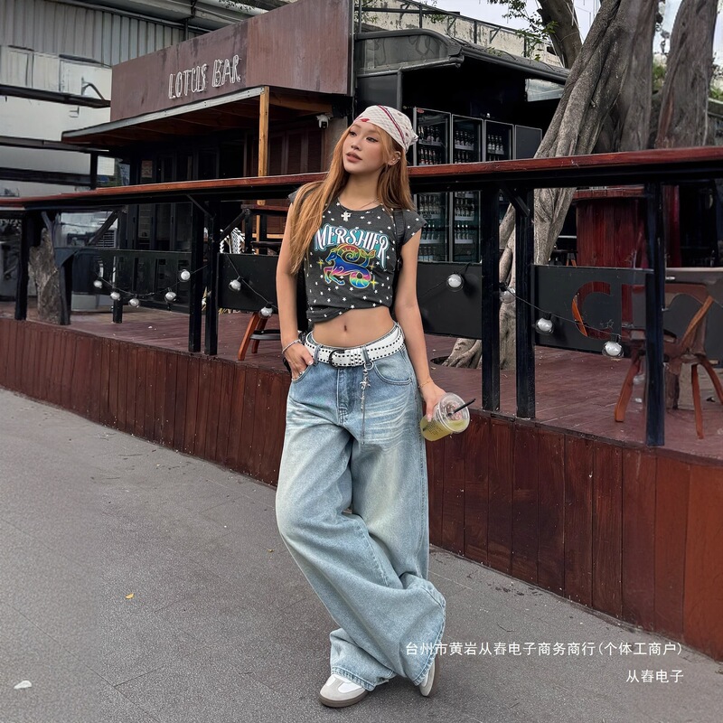 大码美式高街复古刺绣牛仔裤女夏季新款设计感宽松高腰直筒阔腿裤|undefined