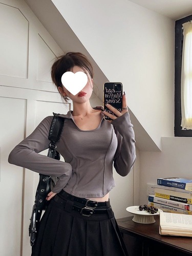 260g Modal Cotton Blended Irregular Fishbone Long-Sleeve T-shirt Slim Fit Polo Collar Hot Girl Short Top