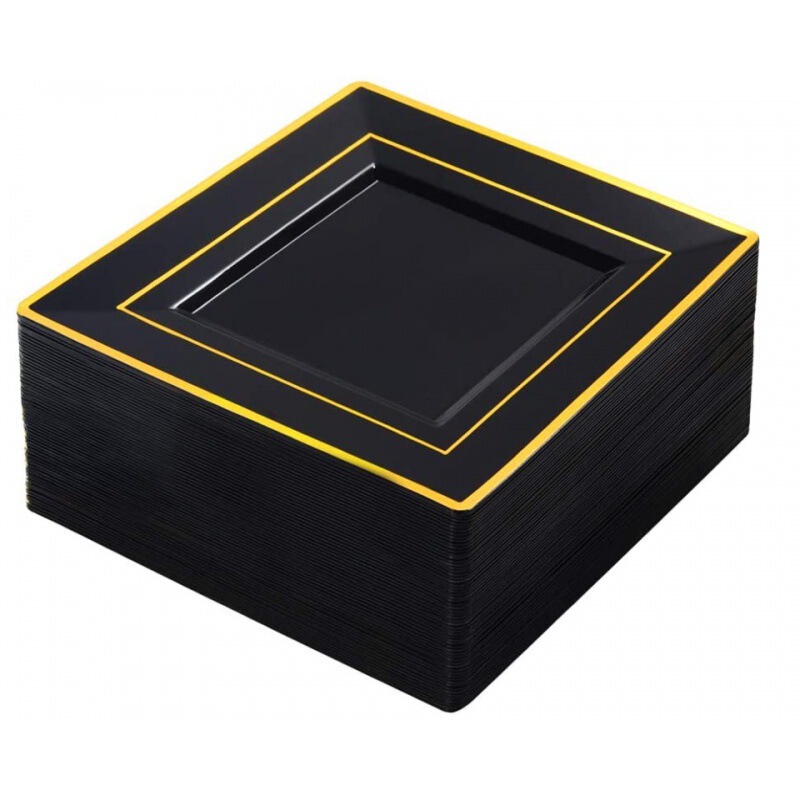 Cross-border 6.5/9 Inch PS Hard Plastic Dinner Plate Black Phnom Penh Square Plate Disposable Tableware White Plate European Party