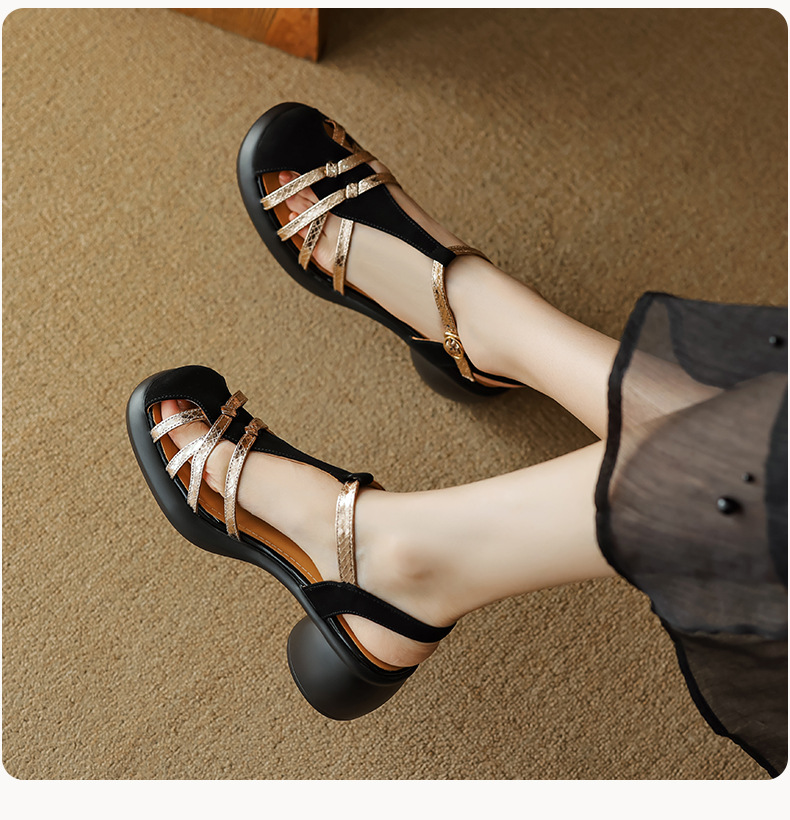 Sandal nữ da lộn quai mảnh dệt, mũi kín khóa chữ T, gót cao đế dày — Màu đen chi tiết 10