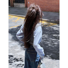 美式复古针织拼接真两件条纹长袖衬衫女秋设计感小众修身短款上衣
