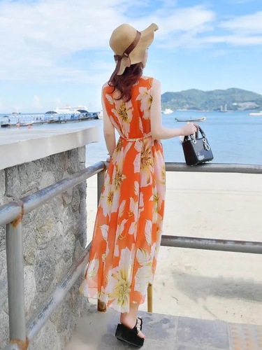 Summer chiffon maxi dress Bohemian dress women's long style fairy-like super-fairy sweet beach dress seaside vacation