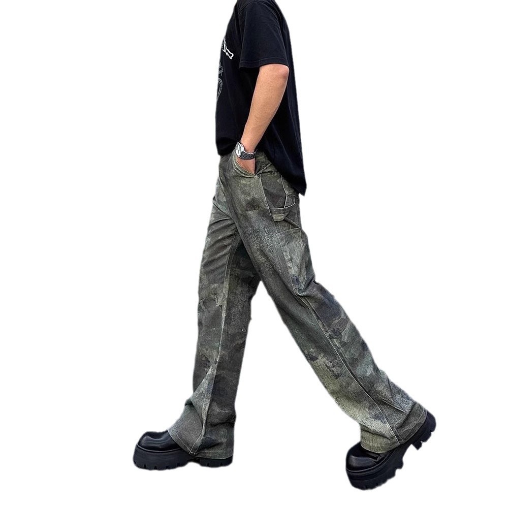 Men's Vintage Washed Denim Jeans | Digital Print Camouflage Pattern | Relaxed Fit Wide Leg Trousers For Retro Streetwear Style_viptrois.com
