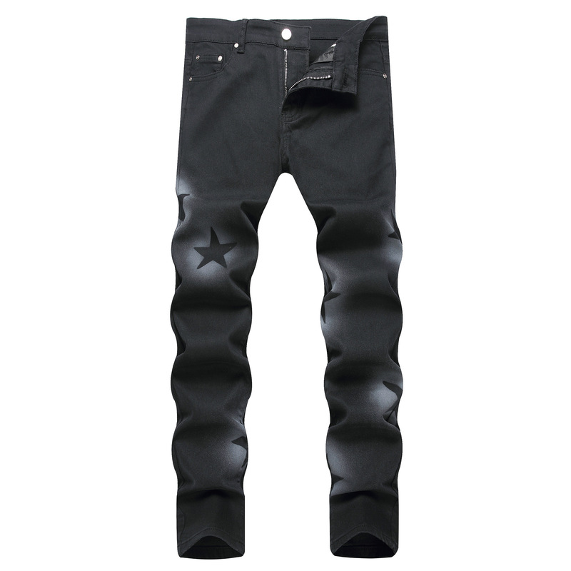 Spot European and American cross-border personalized hand-painted gun spray five-pointed star color elastic black small straight waist jeans men