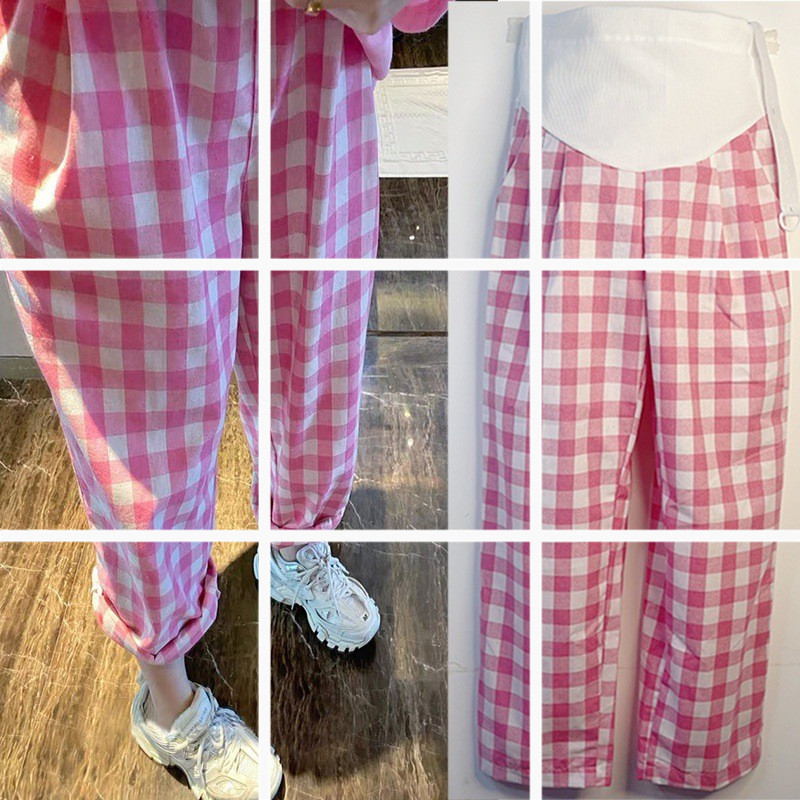 Pregnant women's pants summer new pink plaid fried street wide-leg pants loose slimming thin cropped harem casual pants