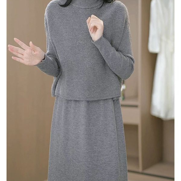两件套针织毛衣连衣裙女2025秋冬新款妈妈配大衣套装加厚裙子