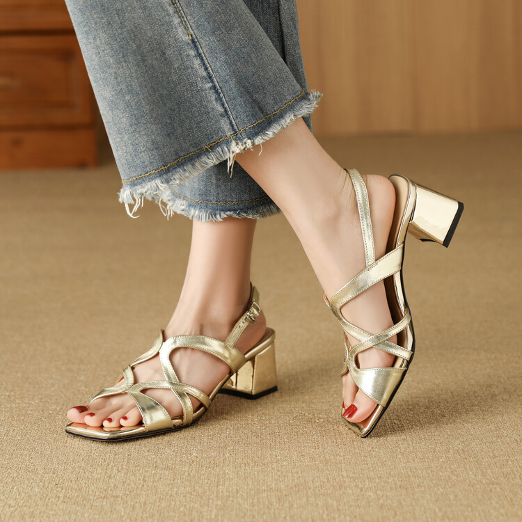 Sandal cao gót nữ da thật mũi vuông hở mũi gót thô 9 cm — Màu vàng, Màu bạc chi tiết 47