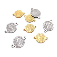 欧美单孔吊牌金色十字架油压三孔圆片diy饰品配件不锈钢双孔吊坠