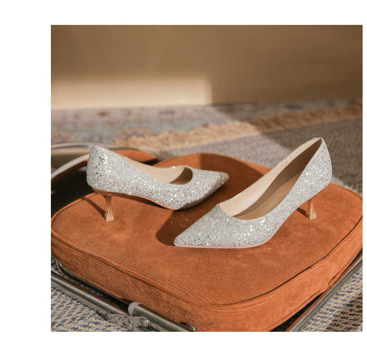 Giày cao gót mũi nhọn sequin lấp lánh CG6018 – miệng nông, gót nhọn — Màu Sâm panh chi tiết 22