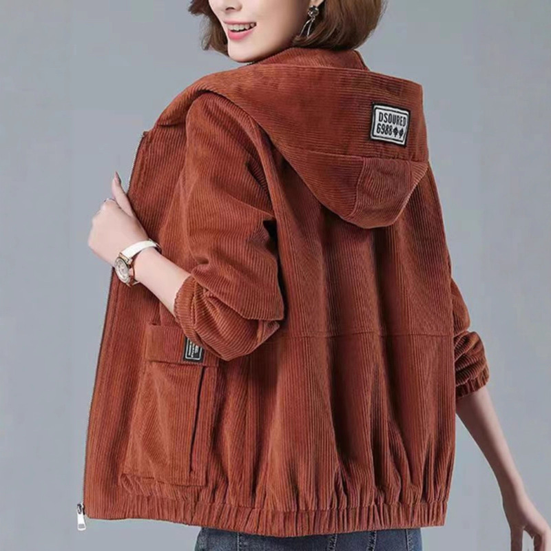 Corduroy Short Jacket Women's Autumn and Winter Korean Style Loose 2025 New Large Size Hooded Casual Middle-Aged Mother Jacket
