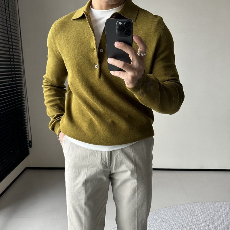 Autumn and Winter new men's light luxury long-sleeved knitted polo shirt lapel casual business slim solid color sweater