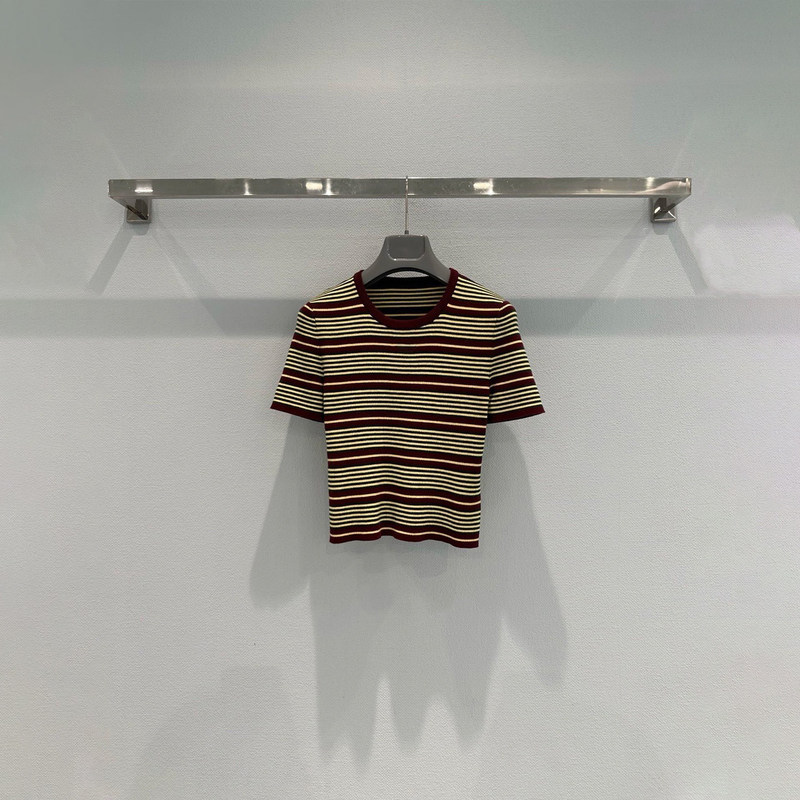Nanyou Haute Couture Color-Block Striped Knit Short-Sleeve Women's T-Shirt 26 Summer New Style Letter Embroidery Slim Fit Versatile Nanyou Haute Couture Color-Block Striped Knit Short-Sleeve Women's T-Shirt 26 Summer New Style Letter Embroidery Slim Fit Versatile