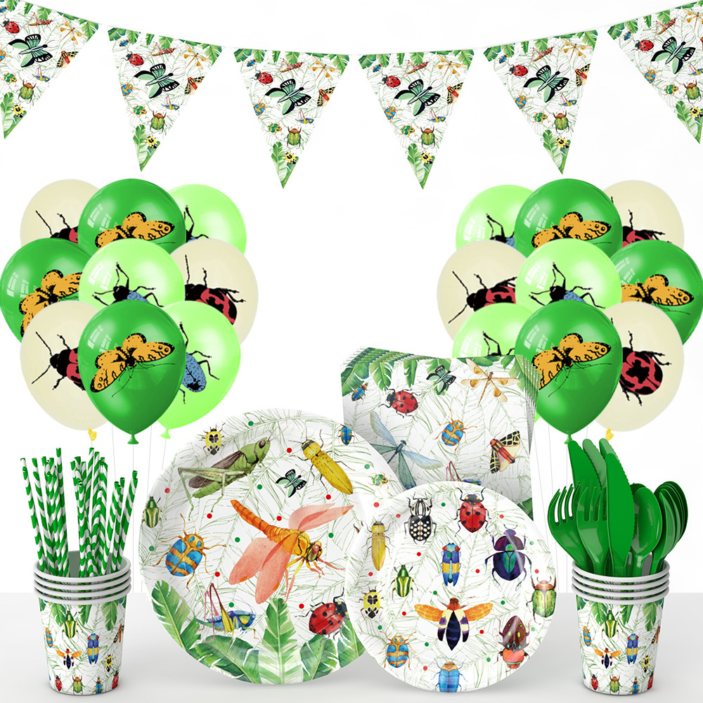 Insectos de primavera transfronterizos artículos de decoración de fiesta de siete estrellas mariposas bandeja de papel bandeja de papel toallas set cubiertos