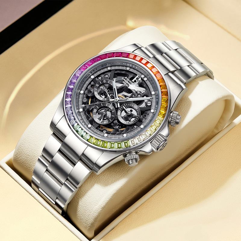 German Bugatti Bonest Gatti watch, fully automatic mechanical men's wristwatch, diamond-encrusted multi-function chronograph