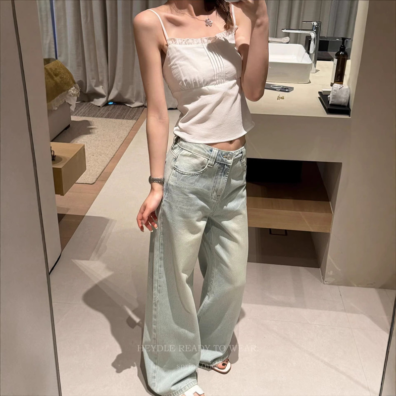 Black Bean~~ Light Spring Denim* Lyocell Moonlight Jeans Washed Bamboo Texture Straight-Leg Pants Long Pants for Women