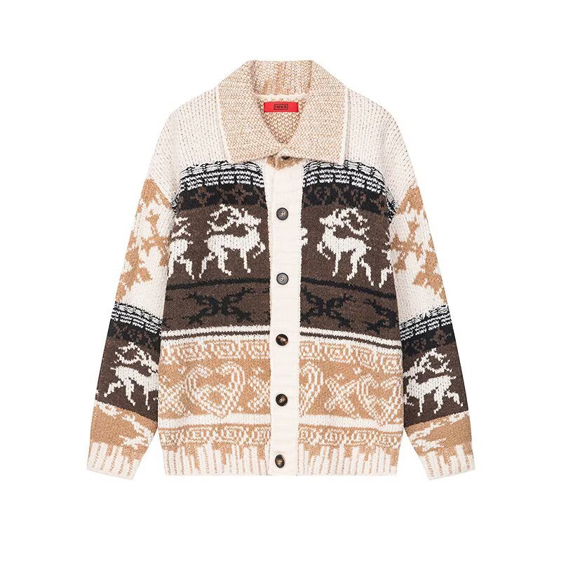 Retro deer-patterned jacquard knit cardigan with contrasting colors, a stylish and elegant outerwear piece for women, perfect for autumn and winter Retro deer-patterned jacquard knit cardigan with contrasting colors, a stylish and elegant outerwear piece for women, perfect for autumn and winter