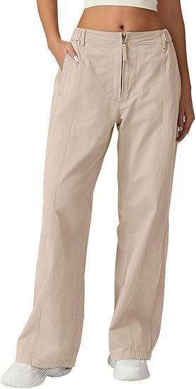 Pantalones anchos con cremallera frontal para mujer explosiva de Amazon transfronteriza, monos casuales de cintura alta, pantalones anchos con bolsillos de algodón