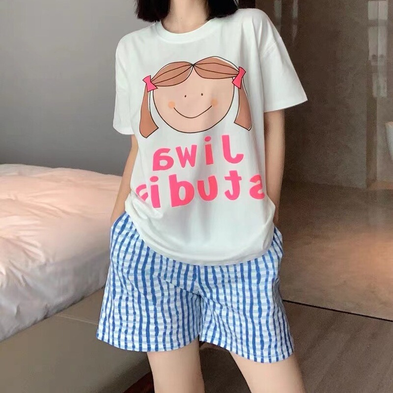 Factory Wholesale Summer Round Neck Cartoon Girls Short Sleeve Shorts Home Clothes Outer Wear suit Cotton Casual Slimming Women