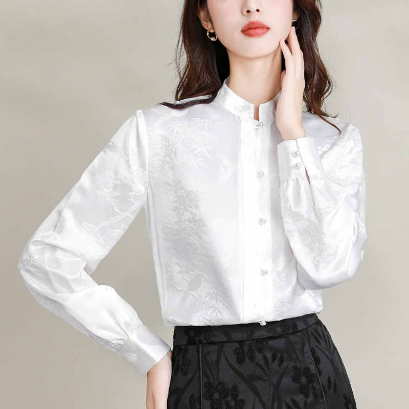 White New Chinoiserie National Style Jacquard Elegant Top for Women 2024 Early Spring Stand Collar Retro Literary Long-Sleeved Shirt