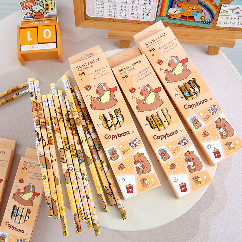 cartoon capabala pencil 12 pcs with rubber wooden pencil cute primary school student study stationery