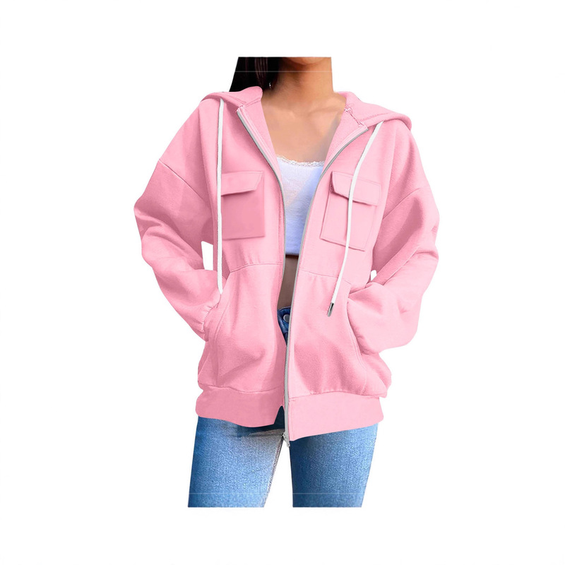 2025 Amazon New Pure Color Hooded Velvet Sweatshirt Long-Sleeved Jacket Women's Street Loose Zipper Top 2025 Amazon New Pure Color Hooded Velvet Sweatshirt Long-Sleeved Jacket Women's Street Loose Zipper Top