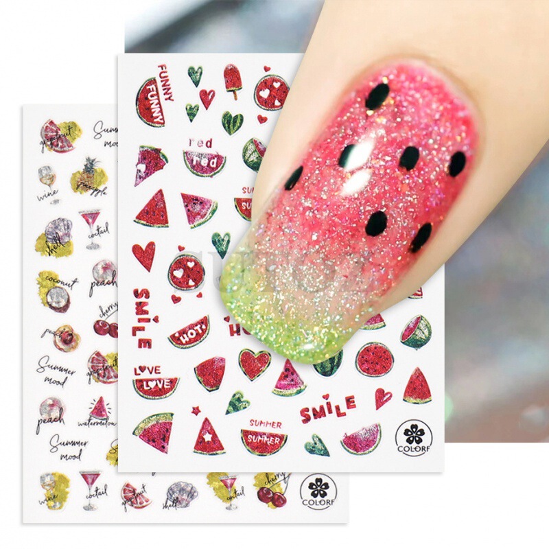 Nail art stickers wholesale summer fruit watermelon grapefruit lemon pineapple avocado flower leaf laser nail stickers